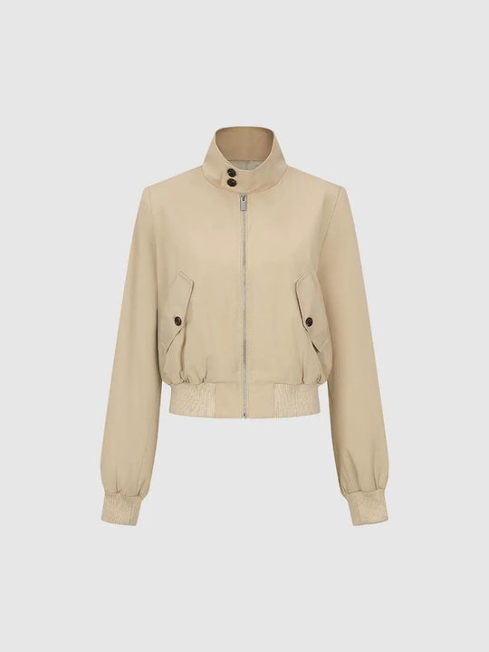 Cropped Zip Front Bomber Long Sleeve Cotton Jacket