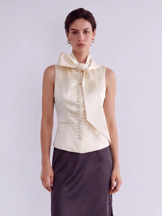 Tailored Bow Tie Button Front Sleeveless Vest