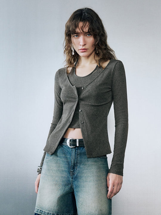 Blusa attillata 2 in 1 con scollo all'americana