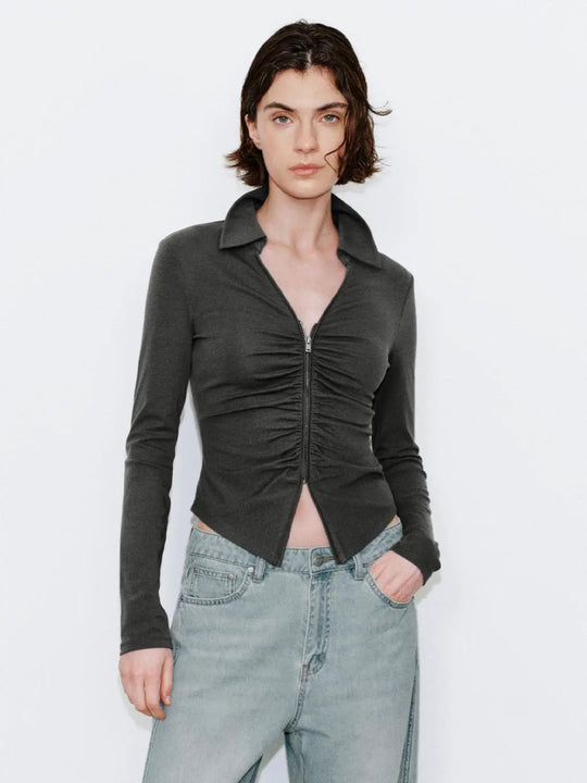 Skinny-Fit Shirts mit Reißverschluss und Raffungen