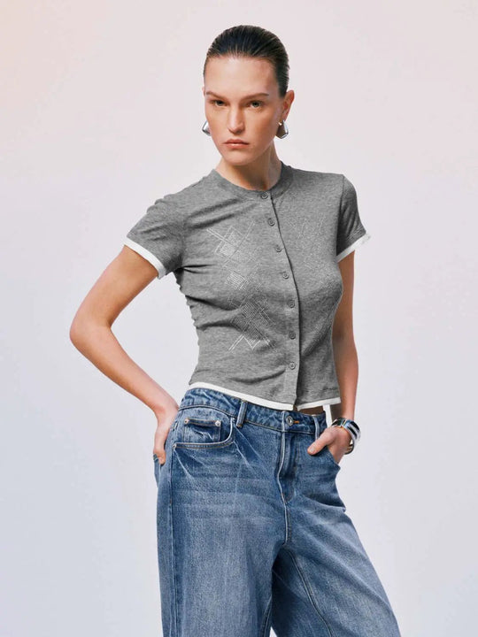 Cotton Blend Knit Short Sleeve Diamond Embroidery Shirts