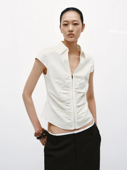 Shirred Zip Up Short Sleeve Shirts With Slight Stretch