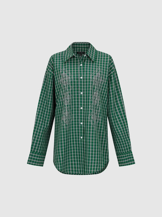 Embroidered Plaid Green Oversized Cotton Shirt
