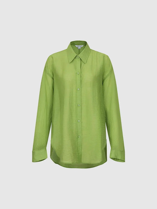 Lime Silk Satin Button-Front Long-Sleeve Relaxed-Fit Shirts