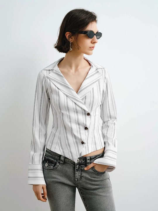 Striped Button-Front Blazer Style With Wide Lapel And Structured Silhouette Shirts