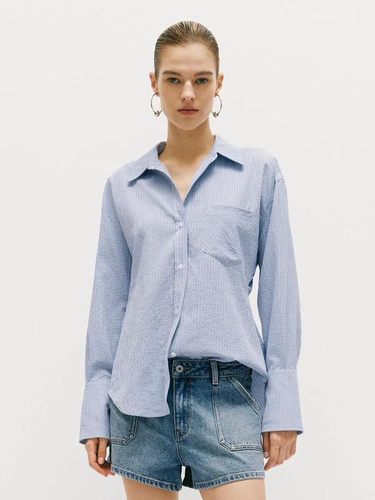 Ribbed Button Front Pocket Collared Long Sleeve Shirt