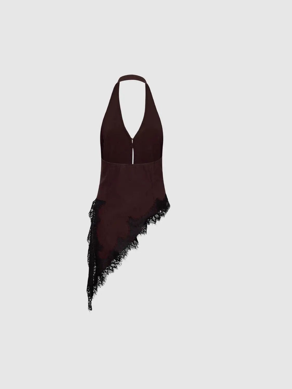 Button-front halter-neck shirt bodysuit in burgundy with black lace-trimmed asymmetric hem.