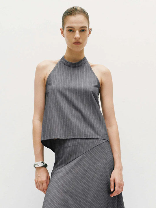 Slight Stretch Shawl Detail Sleeveless Halter Overhead Shirt