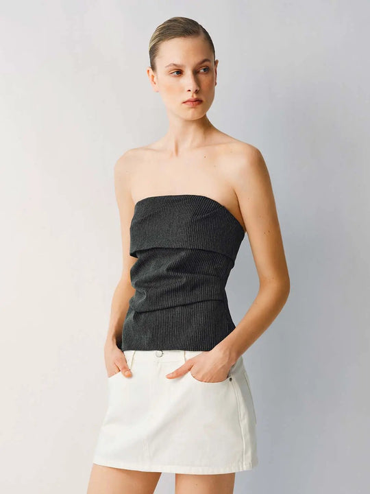 Pinstripe Textured Thick Stretch Fabric Folded Bandeau Overlay Strapless Tube Tops