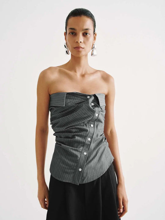 Pinstripe Ruched Button Front Sleeveless Overhead Shirt