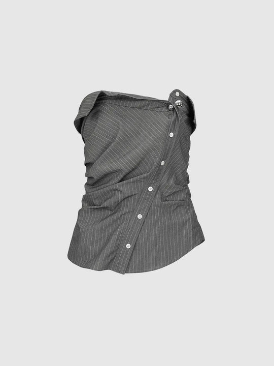 Pinstripe Ruched Button Front Sleeveless Overhead Shirt