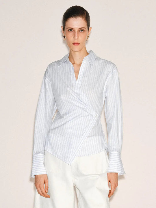 Striped Cotton Blend Asymmetric Wrap Shirt
