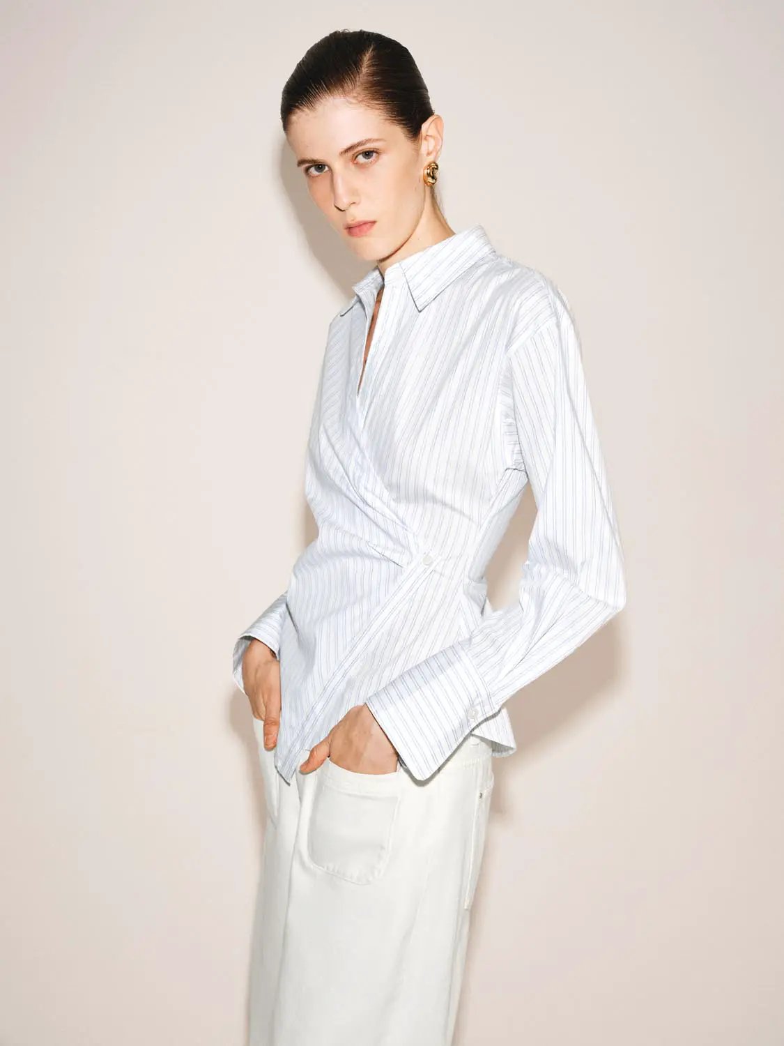 Shirt by Urban Revivo Fashion, white with blue vertical stripes, long sleeves, collared.