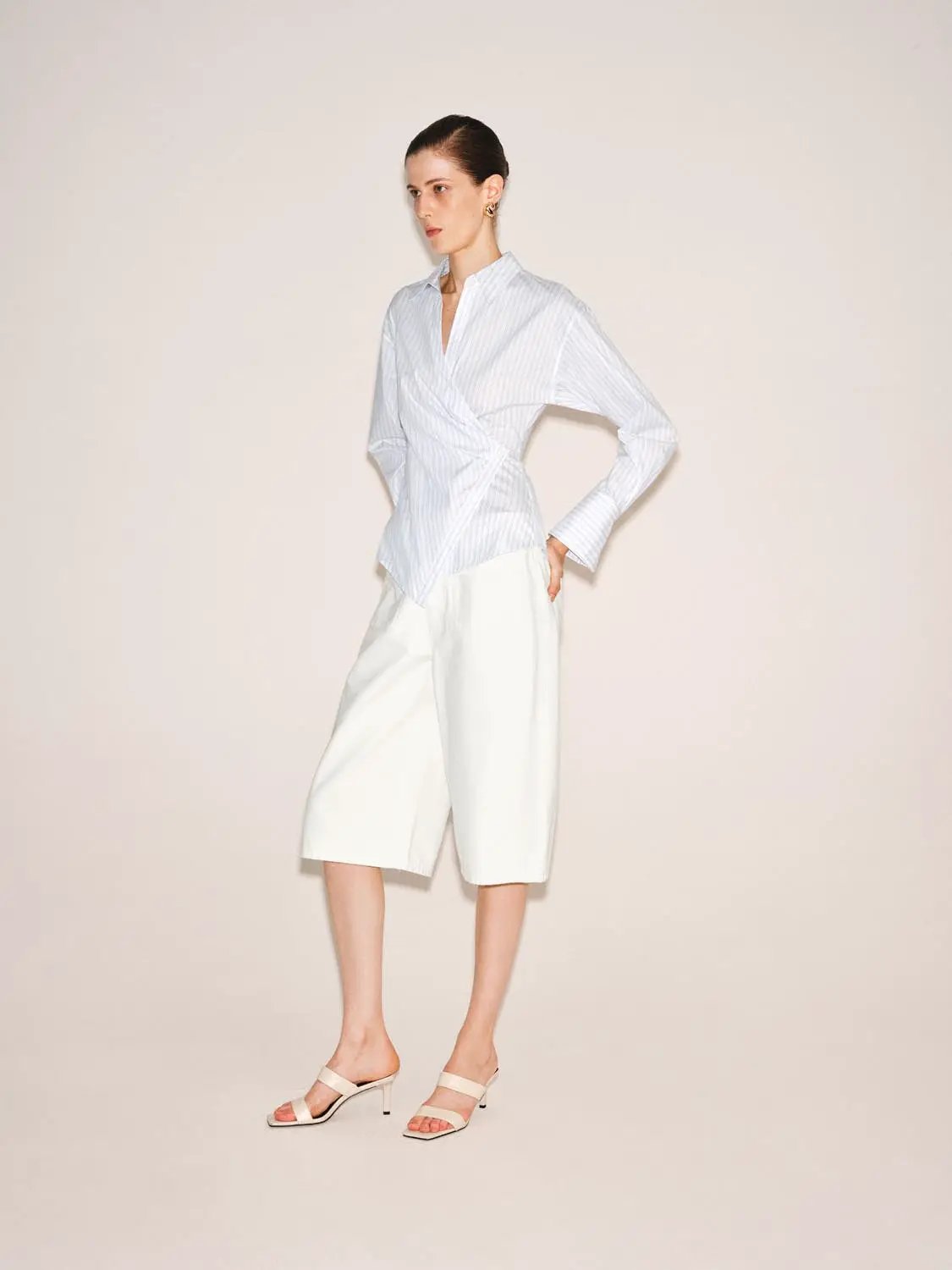 Shirt with light blue striped wrap-front design, long sleeves, Urban Revivo Fashion