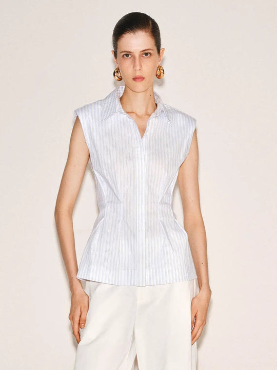 Camicia smanicata a righe in misto cotone
