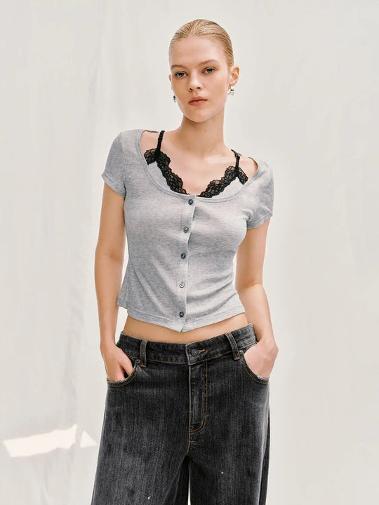 Heather Square Neck Button Front Short Sleeve Cropped Top