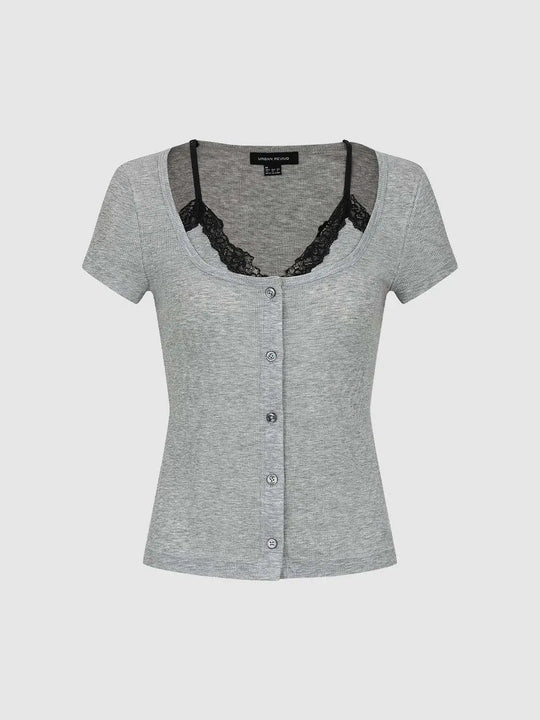 Lace Neckline Button Front Shirt