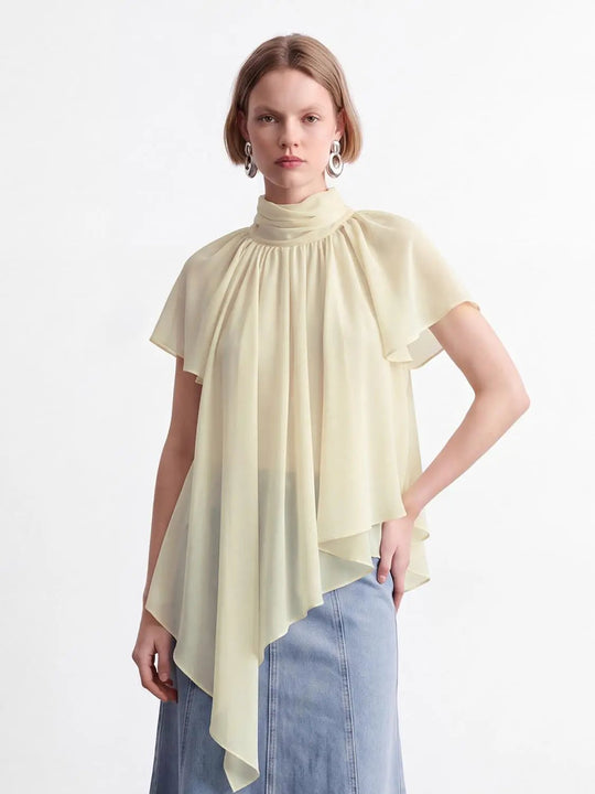 Asymmetric Gathered Drape High Neck Short Sleeve Blouse