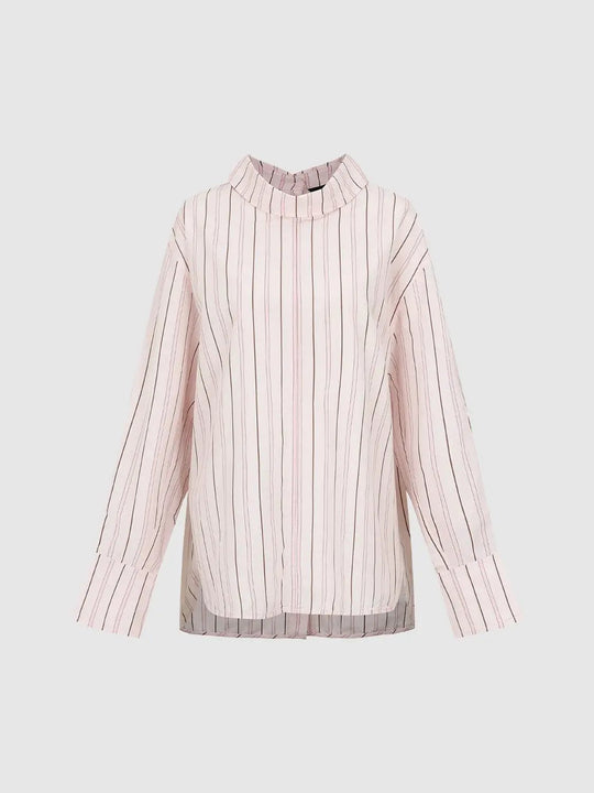 Open-Front Striped Mock Neck Long Sleeve Cotton Shirt