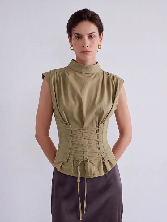 Lace-up Ruched Mock Neck Sleeveless Blouse