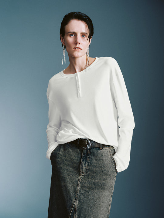 Button Half Placket Loose T-Shirts