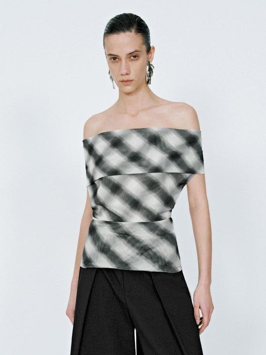 Off Shoulder Plaid Blouses