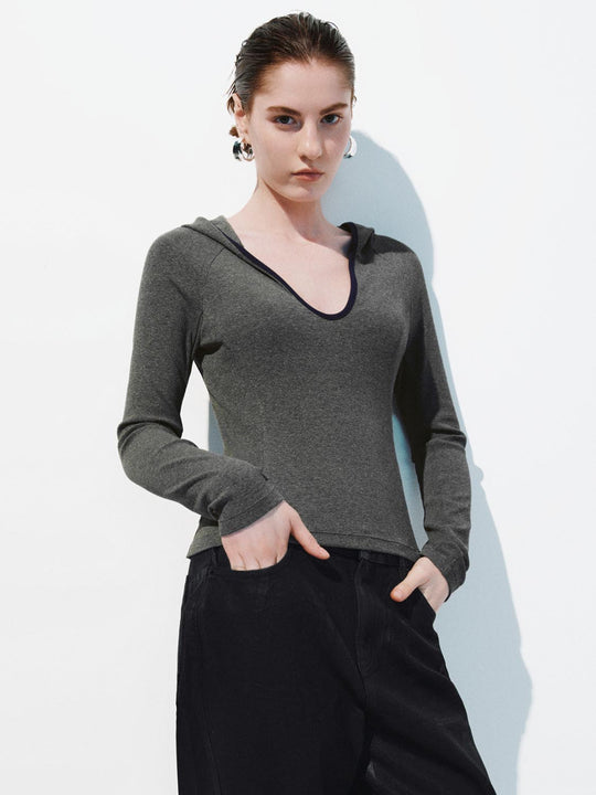 V-Ausschnitt Schlanke Langarm T-Shirts