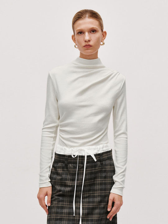 Ruched High Neck Long Sleeve T-Shirts