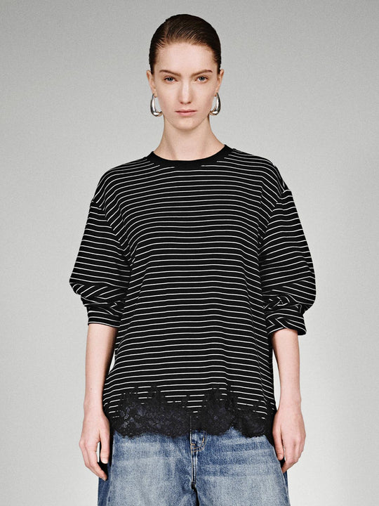 Lace Trim Striped Long Sleeve T-Shirts