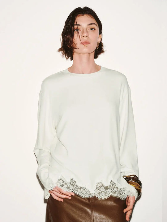 Viscose Cotton Lace Trim Crew Neck Long Sleeve T Shirts