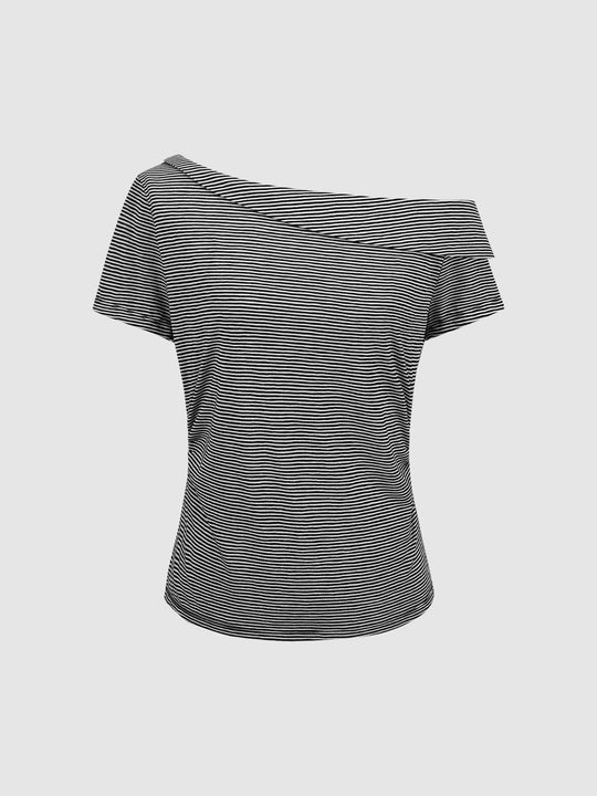 Asymmetric Striped One Shoulder T-Shirts