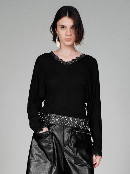T-shirt a manica lunga con scollo a V, pizzo e arricciature