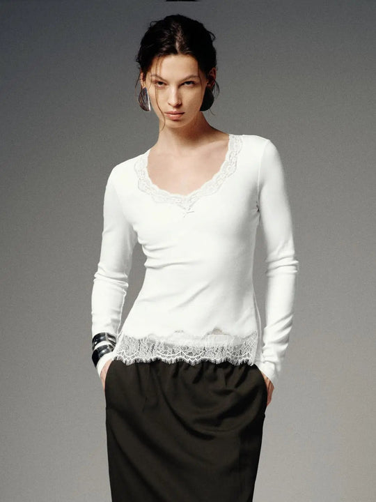 Viscose Cotton Lace Trim V Neck Knit Long Sleeve T Shirts