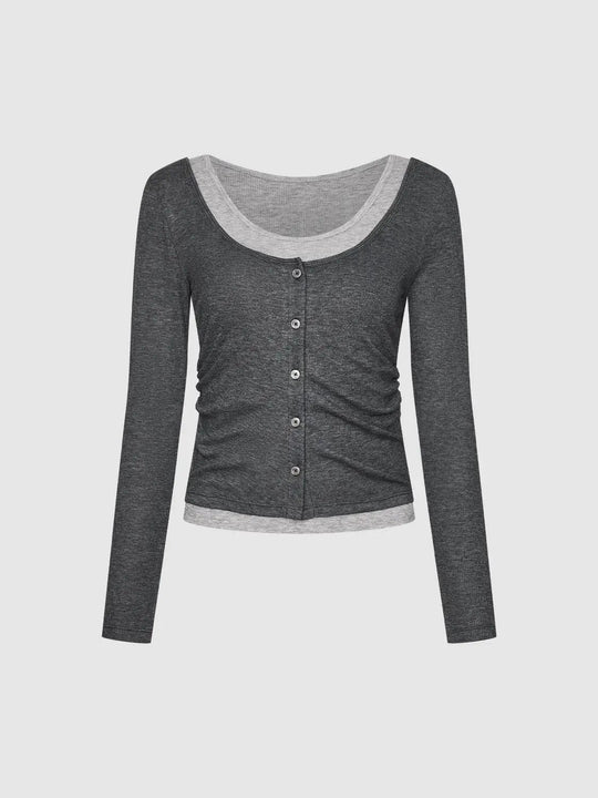 Two-tone Ruched Buttoned Knit Long Sleeve Cardigan