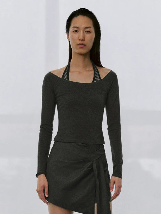 Halter Neck Strappy Long Sleeve Knit Top