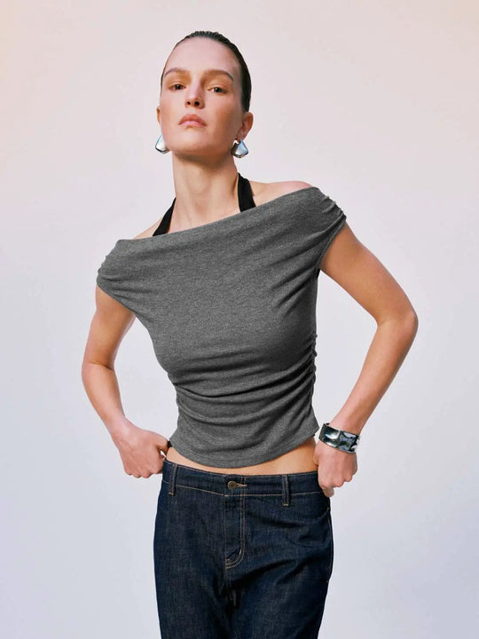 Ruched Halter Contrast Wool Blend T Shirt