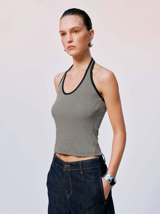 Camisetas sin mangas con cuello halter y rayas en contraste