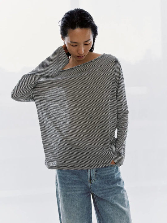 Boat Neck Striped Lyocell Blend Long Sleeve Tee