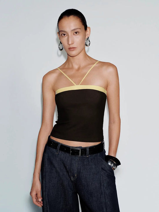 Cotton Blend Contrast Trim Strappy Bandeau