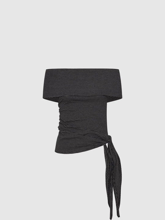 Striped Tie Detail Foldover Boat Neck T-Shirts