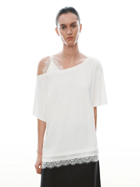 Laced One Shoulder Top With Lace Hem T Shirt
