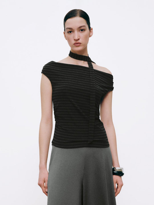 Scarf Neck Striped Boat Neck T-Shirts