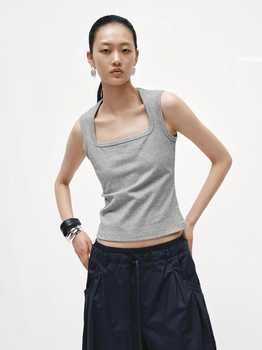 Grey Cotton Polyester Stretch Square Neck Tank Tops