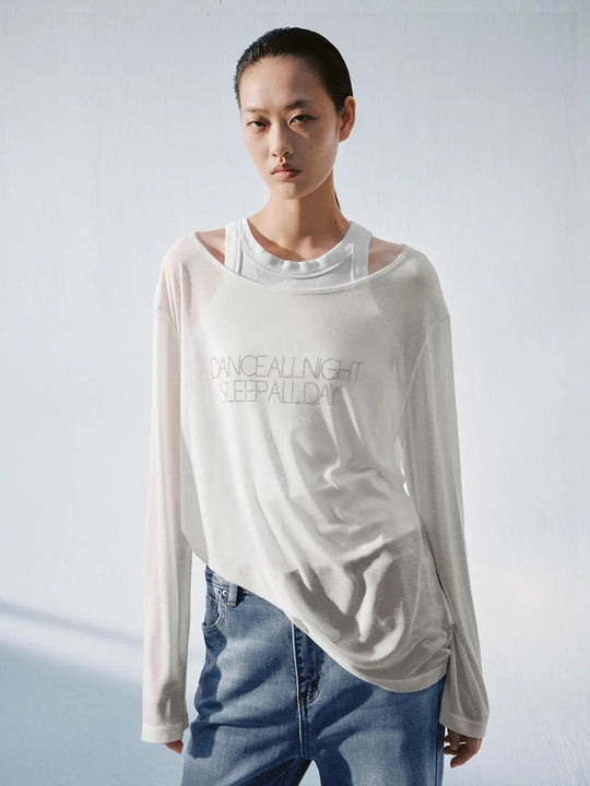 Cotton Blend Layered Shoulder Long Sleeve Printed T-Shirts