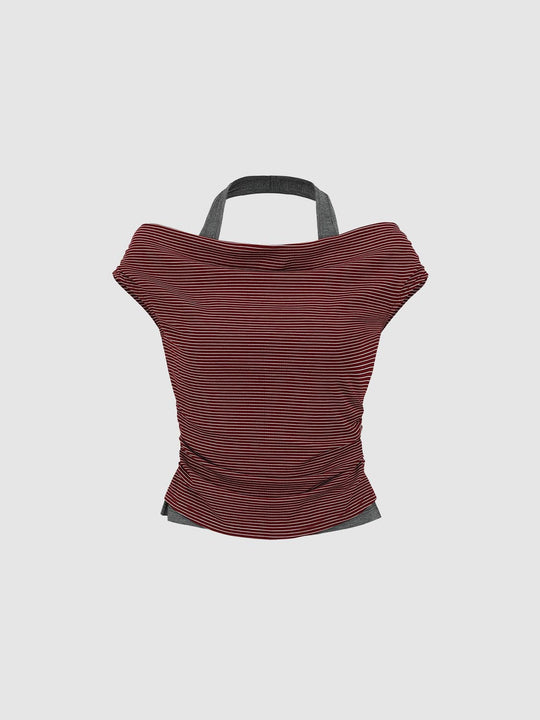2 In 1 Contrast Striped Halter Neck T-Shirts