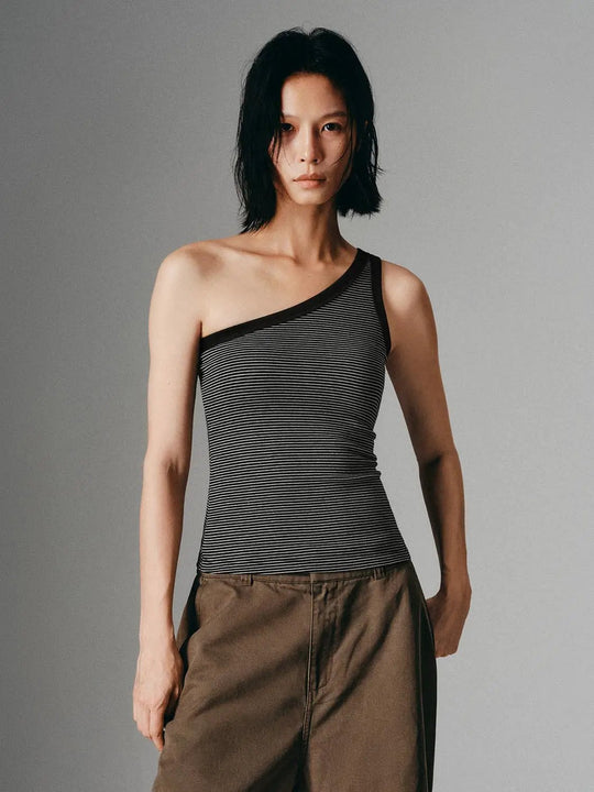 Cotton Elastane Striped One-Shoulder Tank Tops