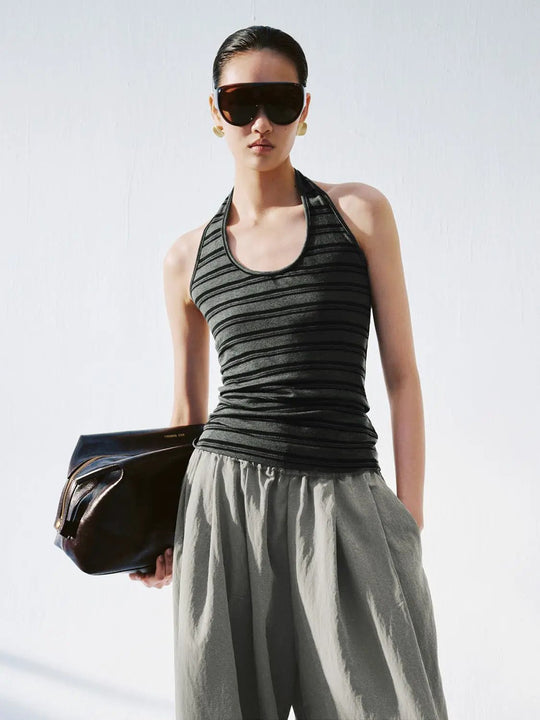 Halter U Neck Contrast Striped Skinny Fit Tank Tops