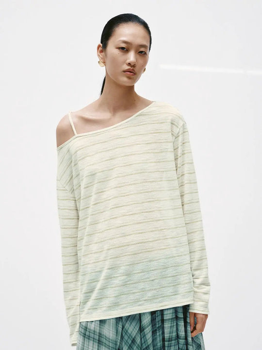 Cotton Blend Striped One Shoulder Loose Fit Top T Shirt