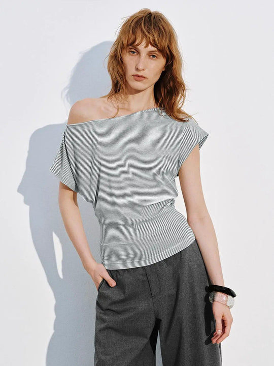 One Shoulder Stripe Lyocell Viscose Relaxed Fit Top