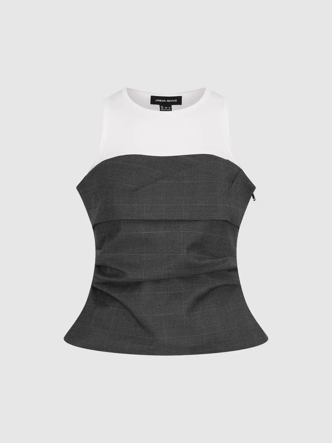 Urban Revivo 2in1 Layered Ruched Tank Top, white sleeveless top with dark gray plaid overlay